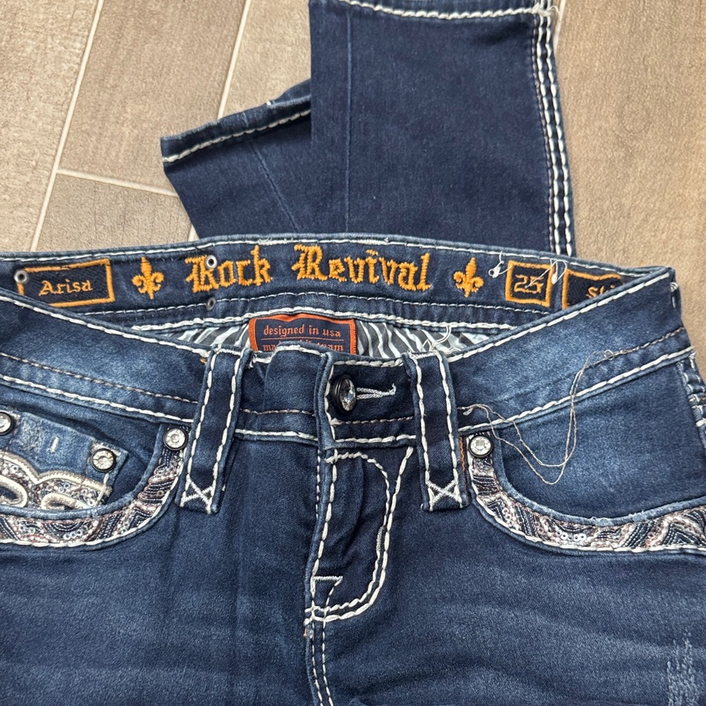 Rock Revival Dark Blue Jeans with White Stitching
